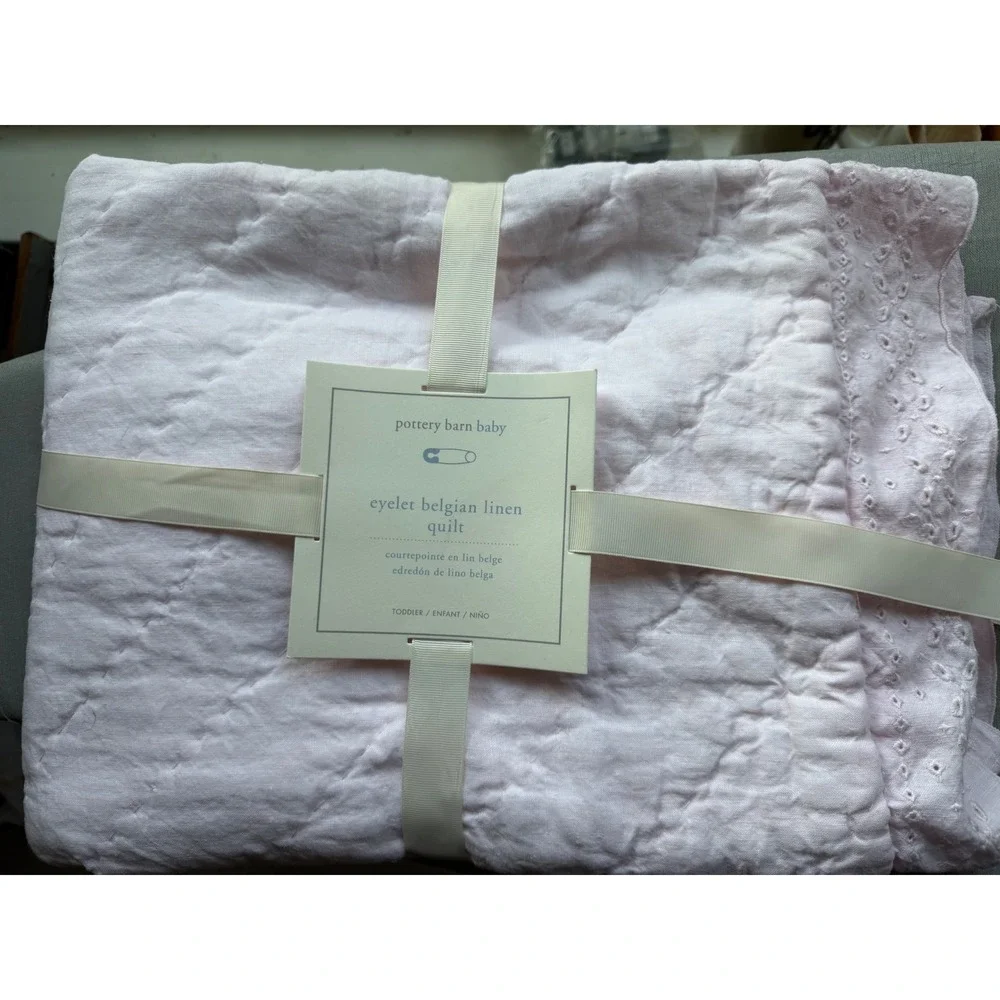 NWOT Pottery Barn Baby Pink Eyelet Belgian Linen Toddler Quilt 36x50 *Read*